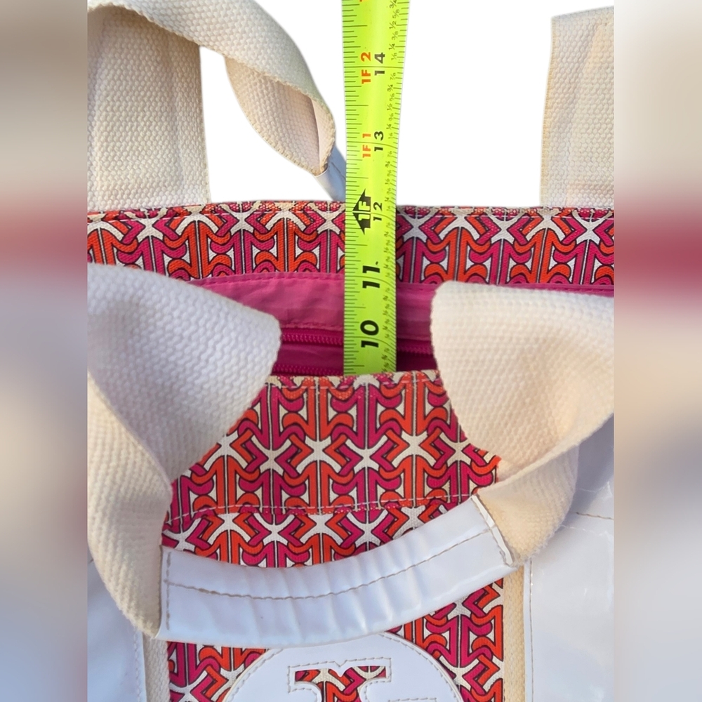 Tory Burch - Large Ella Printed Tote Bag Pink Orange Logo Nylon Patent Trim - Picture 14 of 15